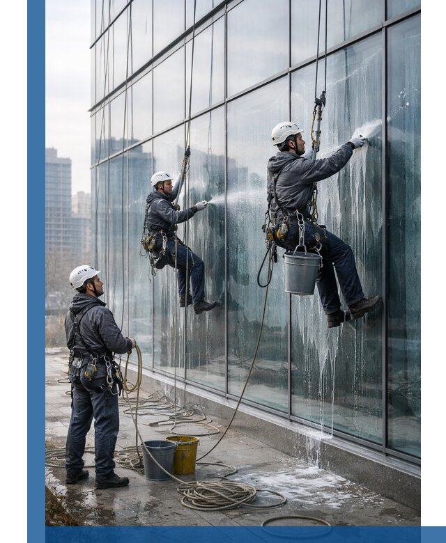 Промышленная мойка панорамных окон на высоте в Волжском