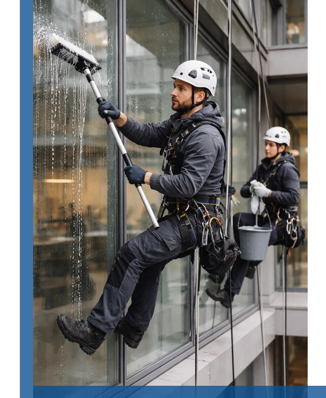 Профессиональная мойка витражей промышленными альпинистами в Волжском