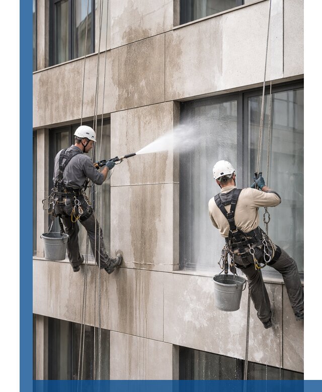 Послестроительная мойка фасада промышленным альпинизмом в Волжском