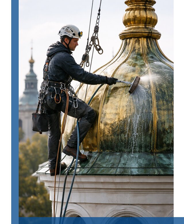 Профессиональная мойка куполов и шпилей высотными альпинистами в Волжском