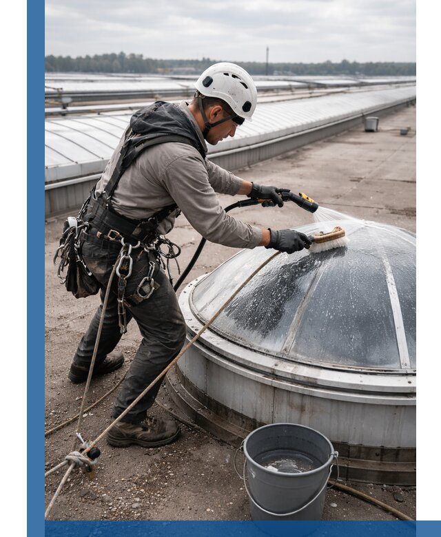 Мойка зенитных фонарей на кровле для промышленных объектов в Волжском