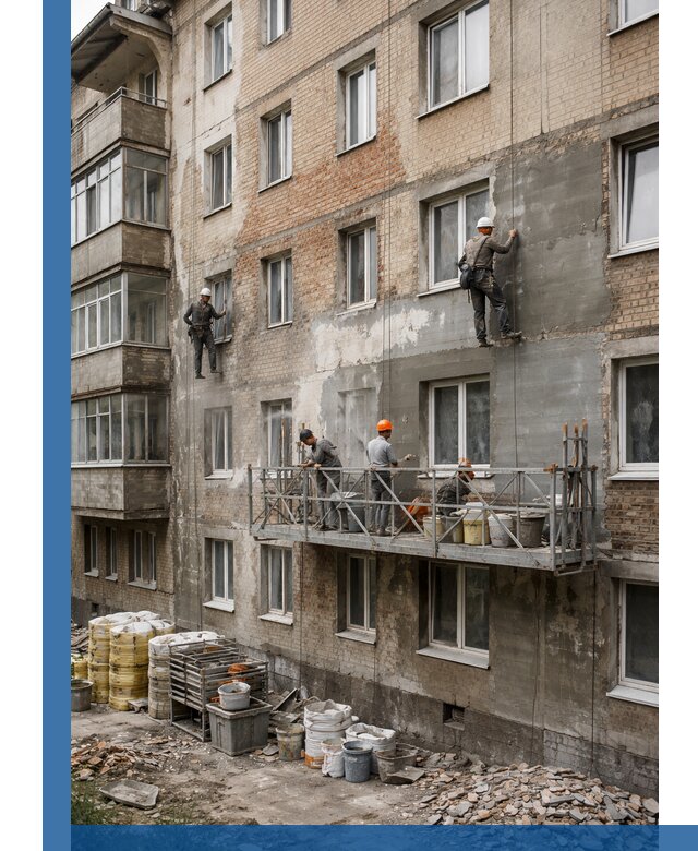 Капитальный ремонт фасада в Волжском с восстановлением и гидроизоляцией