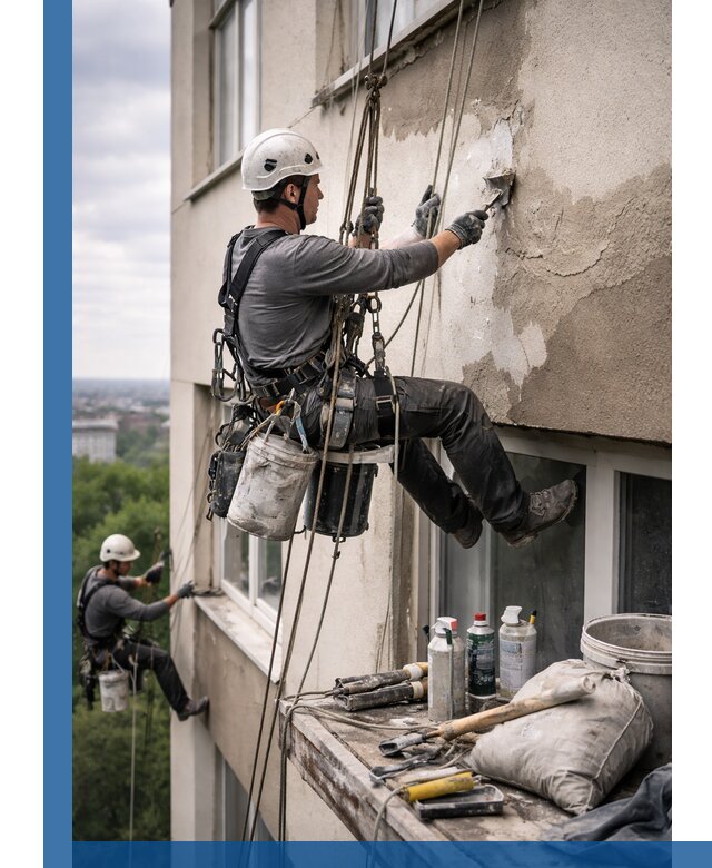 Косметический ремонт фасада зданий в Волжском промышленными альпинистами