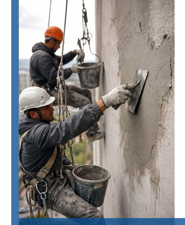 Штукатурка фасада на высоте в Волжском профессиональные работы