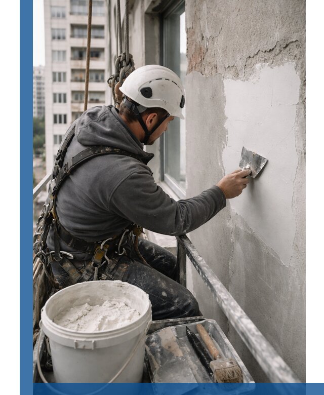 Шпаклевка фасадов на высоте с промальпинистами в Волжском