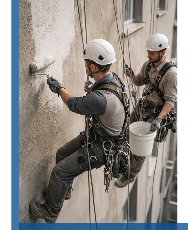 Грунтовка фасада на высоте в Волжском промышленными альпинистами