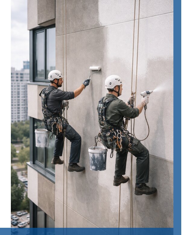 Покраска фасада альпинистами в Волжском от 304 р. | ВЫСОТНИК-Влж