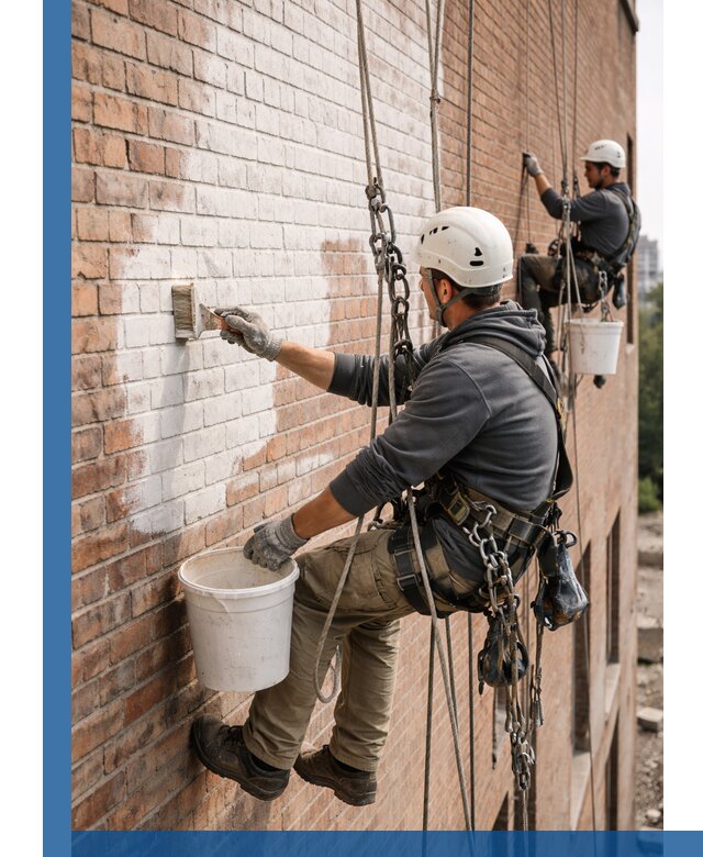 Покраска кирпичного фасада с доступным альпинистским сервисом в Волжском