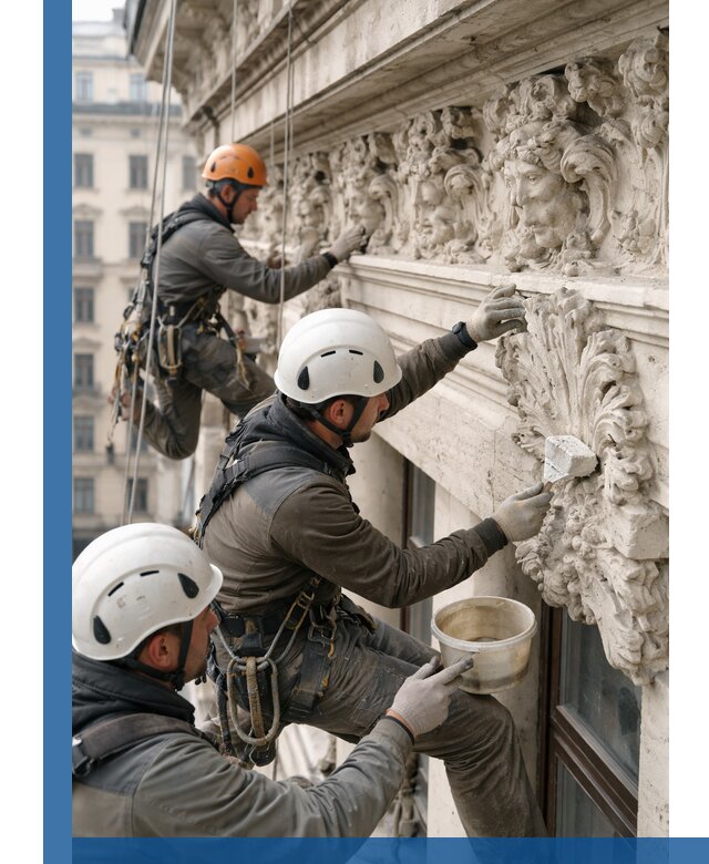 Реставрация фасадной лепнины с высотными работами в Волжском