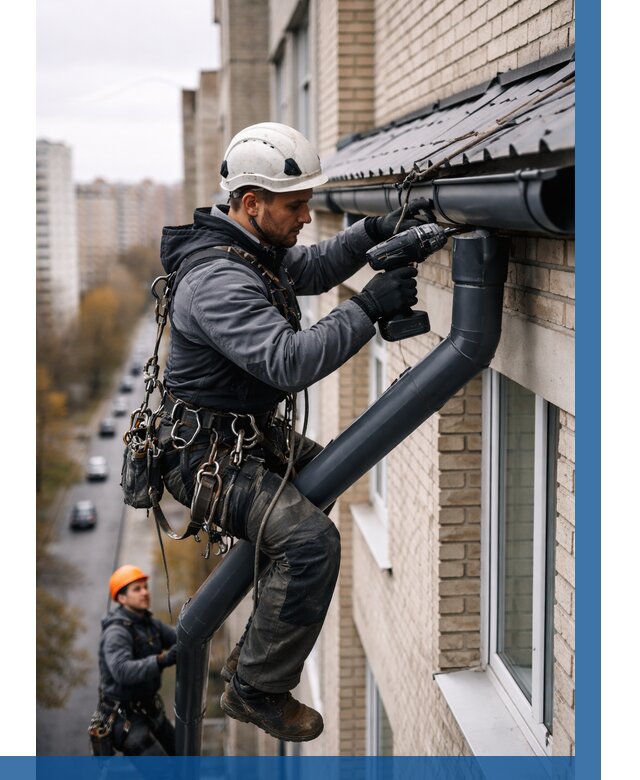 Монтаж водосточной системы на здании в Волжском от 5065 р. | ВЫСОТНИК-Влж