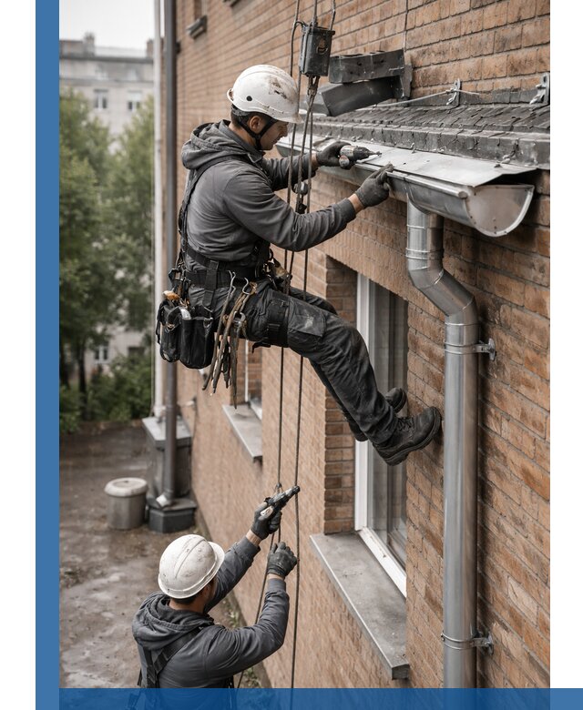 Монтаж водосточной системы на здании в Волжском под ключ