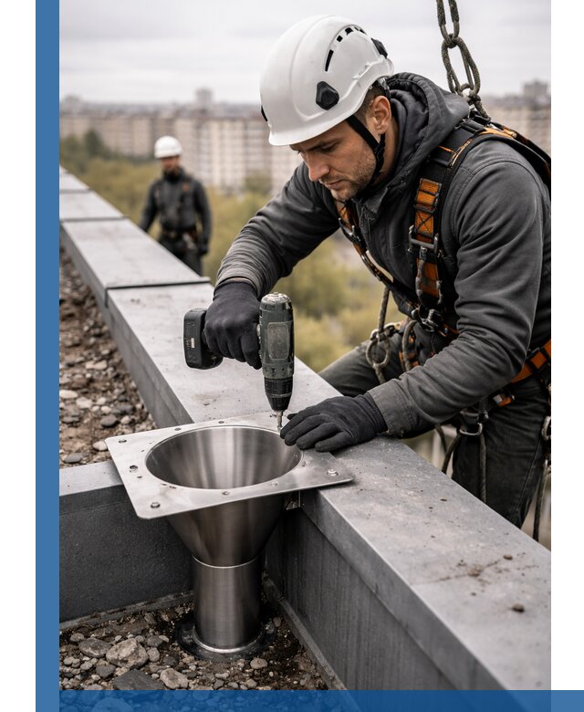 Монтаж водосточных воронок в Волжском для промышленных зданий