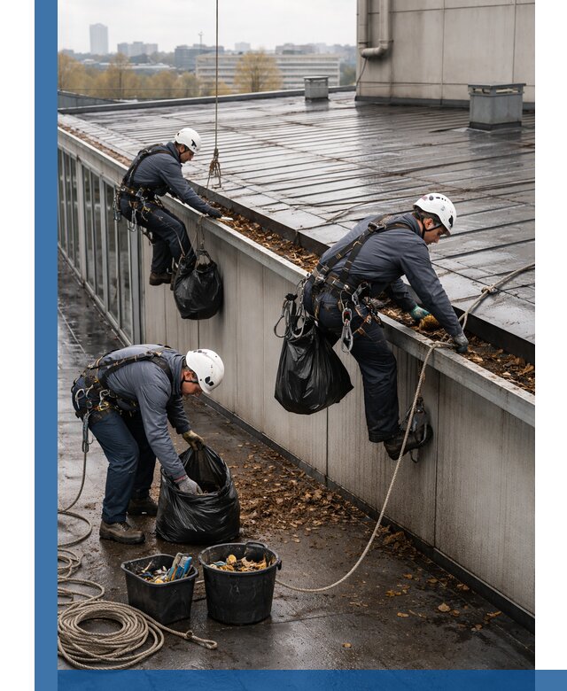 Очистка кровли по периметру в Волжском силами промышленных альпинистов