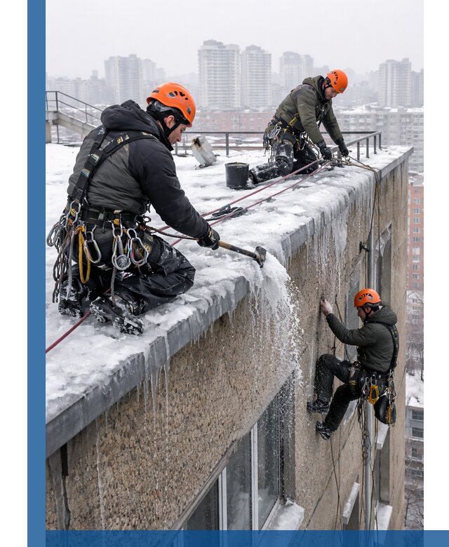 Удаление наледи с кровли в Волжском промышленными альпинистами