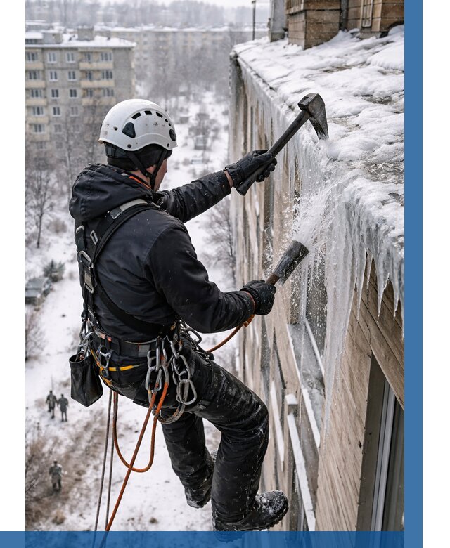 Сбивание сосулек с крыши в Волжском по цене от 4559 р. | ВЫСОТНИК-Влж