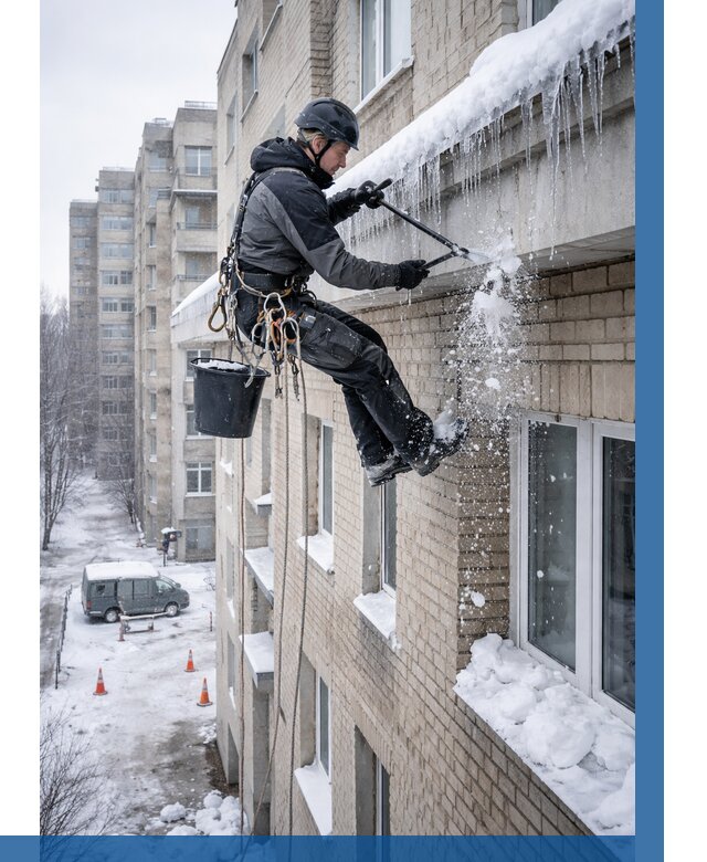 Удаление наледи с карнизов в Волжском от 355 р. | ВЫСОТНИК-Влж