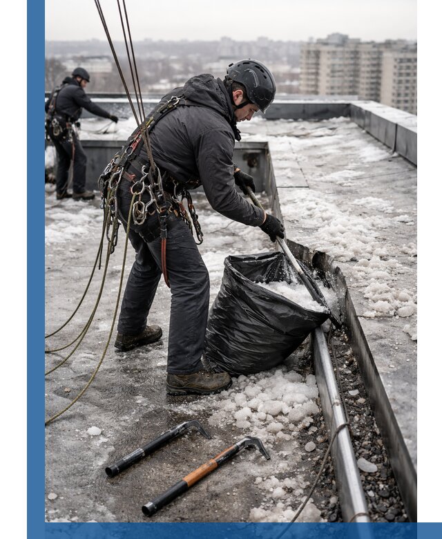 Аварийная очистка кровли в Волжском от промальпинистов