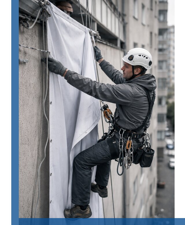 Замена баннерного полотна промышленными альпинистами в Волжском