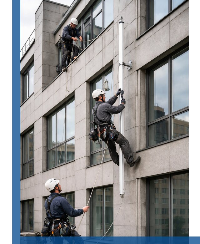 Монтаж флагштока на фасаде здания с креплением и герметикой в Волжском