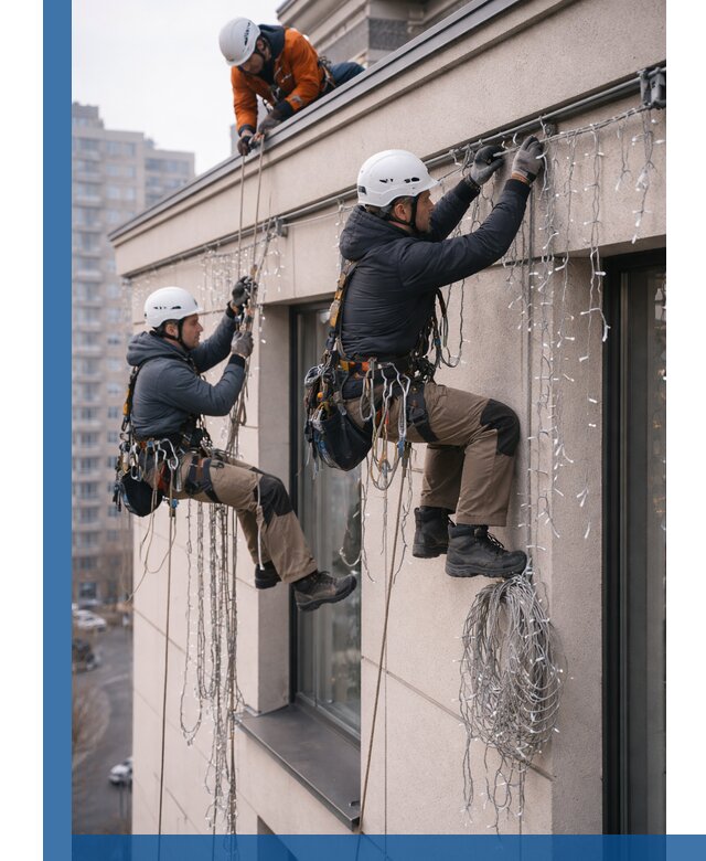 Монтаж праздничных гирлянд на фасаде в Волжском для зданий