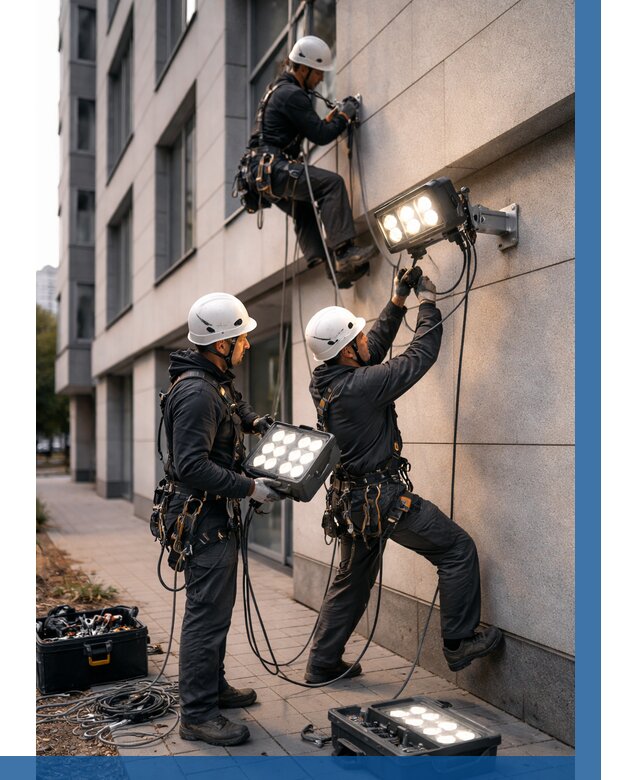 Монтаж прожекторов на фасаде в Волжском от 7598 р. | ВЫСОТНИК-Влж