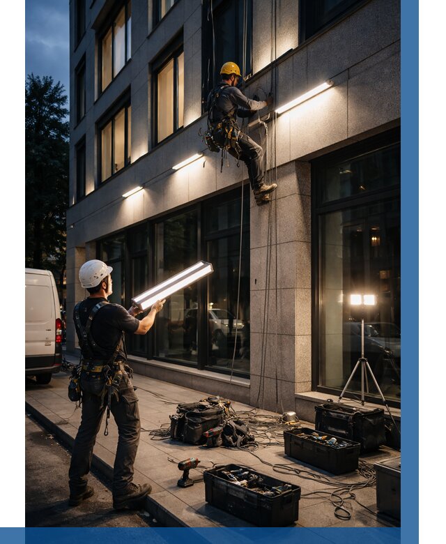 Монтаж архитектурной подсветки здания в Волжском от 2533 р.|ВЫСОТНИК-Влж