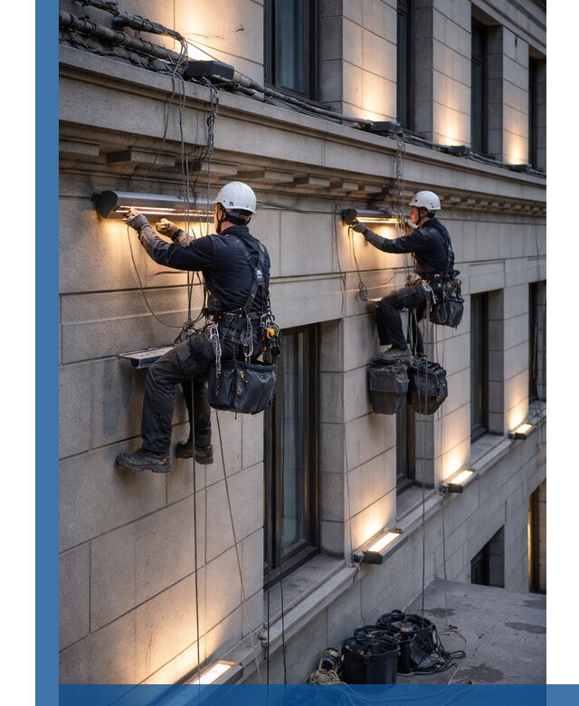 Монтаж архитектурной подсветки фасадов зданий в Волжском