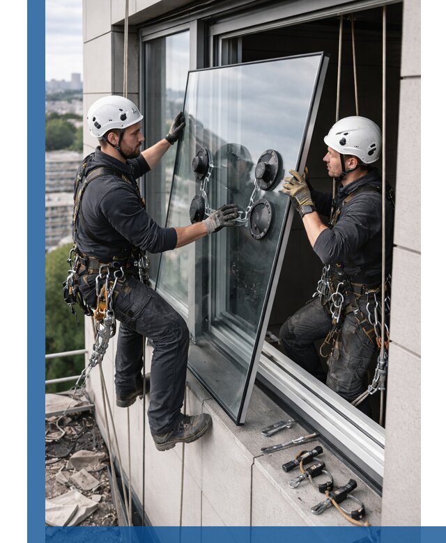 Замена стеклопакетов на высоте с промышленными альпинистами в Волжском