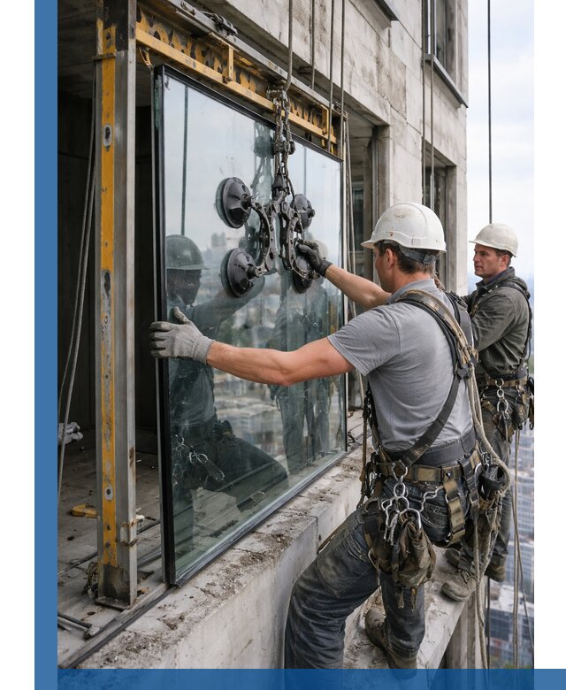 Монтаж стеклопакетов на высоте в Волжском с промышленным альпинизмом