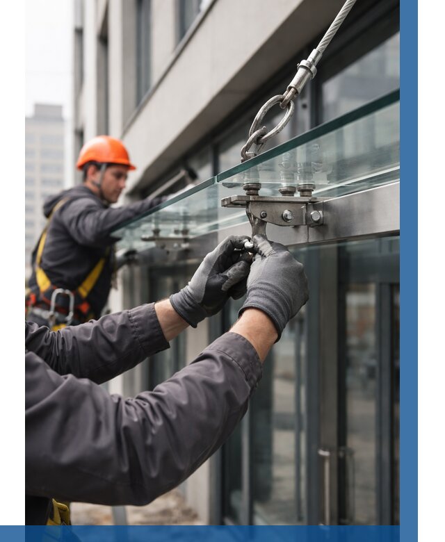 Монтаж стеклянных козырьков в Волжском от 8611 р. | ВЫСОТНИК-Влж