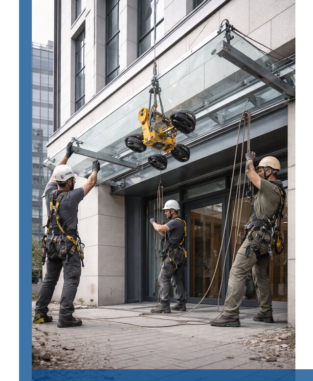 Монтаж стеклянных козырьков под ключ в Волжском для зданий