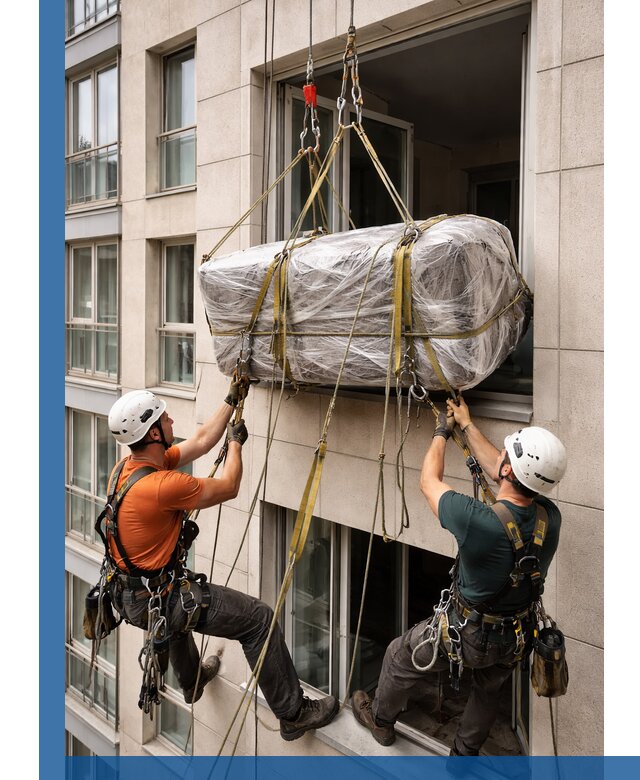 Подъем грузов через окно в Волжском промышленными альпинистами
