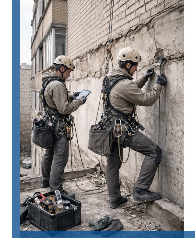 Обследование фасада промышленными альпинистами в Волжском