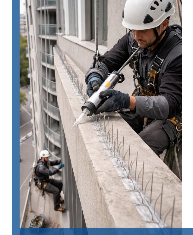 Установка шипов от птиц на фасадах и кровлях в Волжском